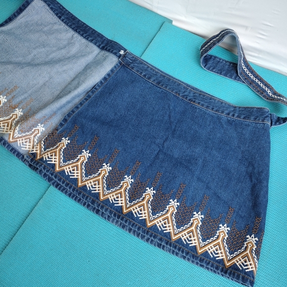 Free People Denim Wrap Tie Skirt Aztec Boho Embroidery Hendrix - Sz 10 - Picture 7 of 14